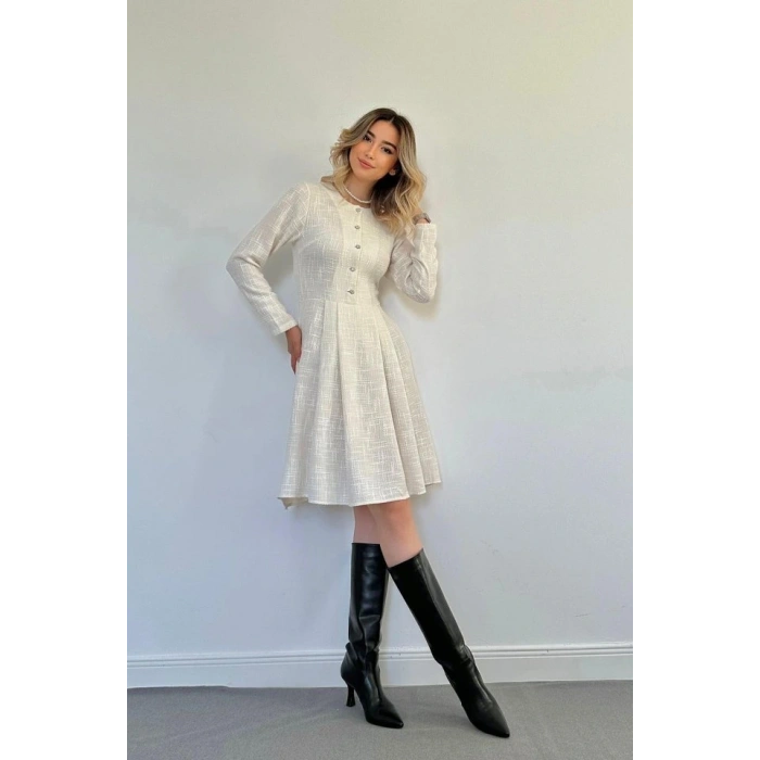 Ekru Kısa Klasik Elbise