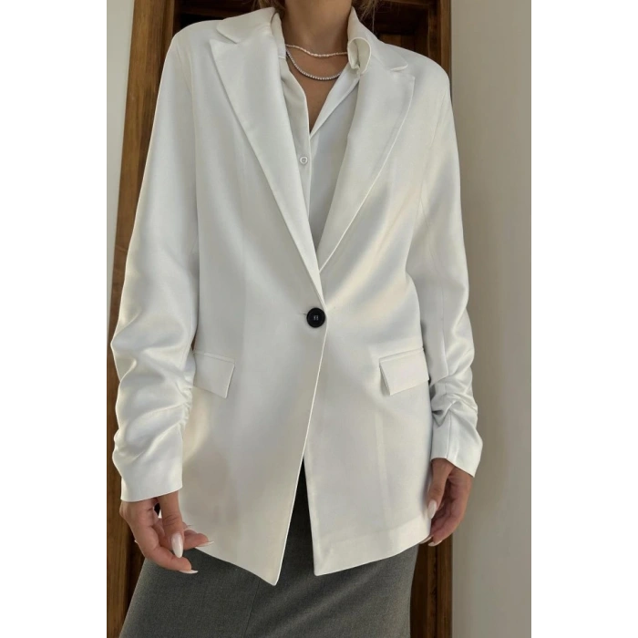 Ekru Kol Ucu Büzgülü Atlas Ceket