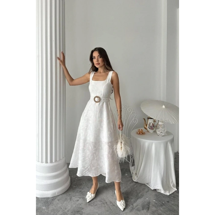 Ekru Kuplu Uzun Elbise