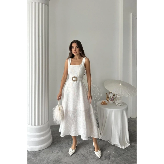 Ekru Kuplu Uzun Elbise