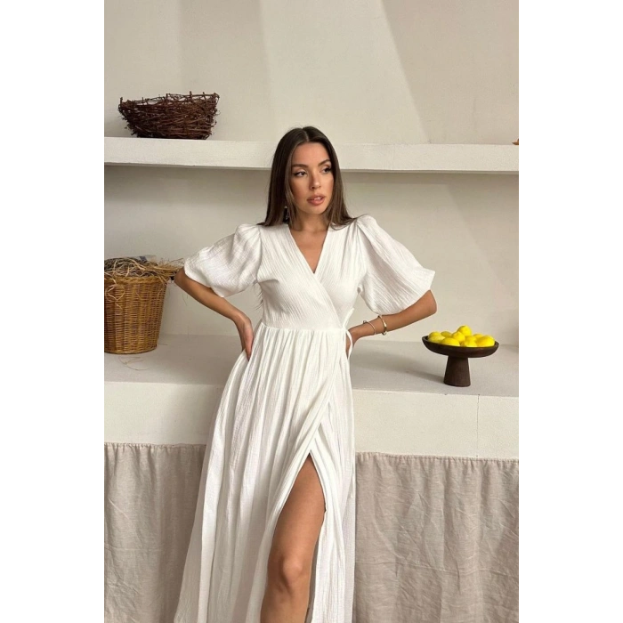 Ekru Müslin Uzun Elbise