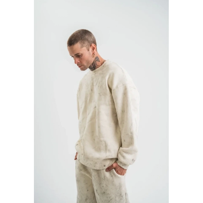 Erkek 3 İplik Pamuklu Yağ Yıkamalı Sweatshirt Double Oversize Bisiklet Yaka Uzun Kol - Krem