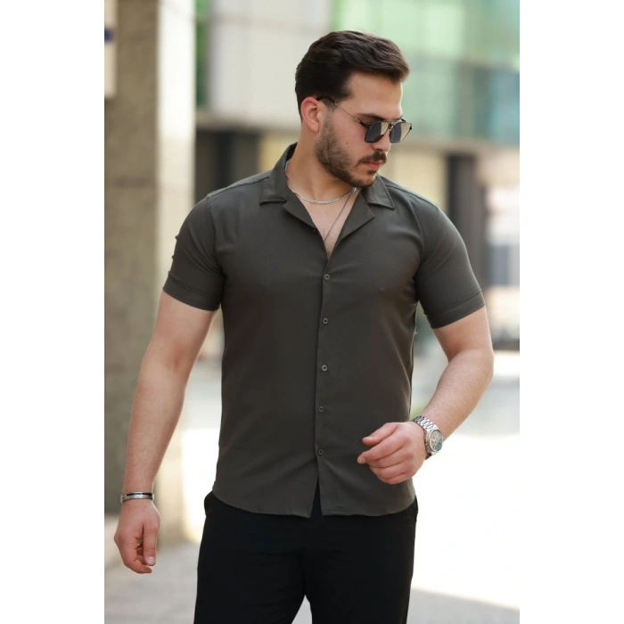 Erkek Apaj Yaka Kısa Kollu Gömlek