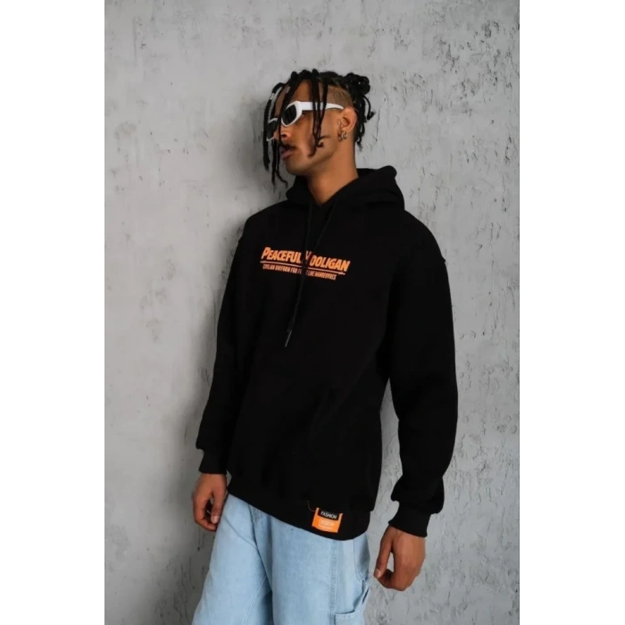 Erkek Armalı Baskılı Kapüşonlu Sweatshirt - Siyah