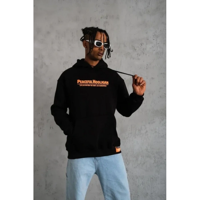 Erkek Armalı Baskılı Kapüşonlu Sweatshirt - Siyah