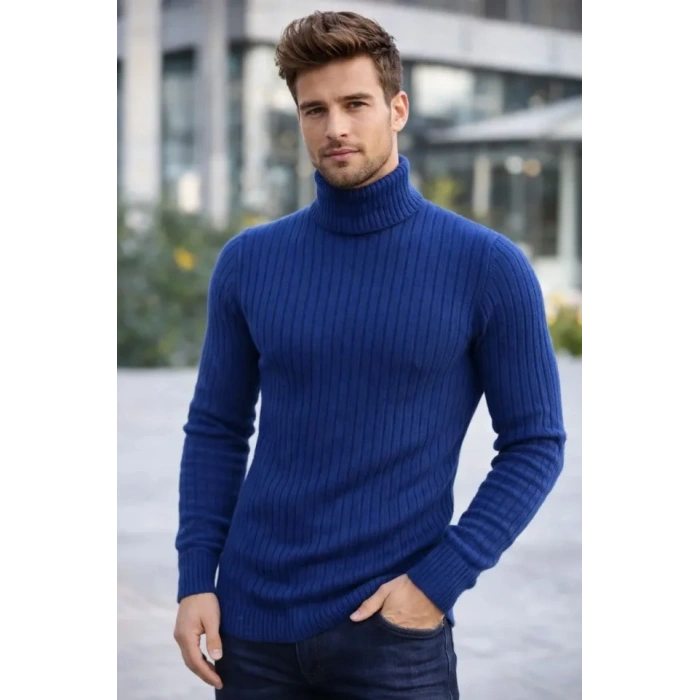Erkek Balıkcı Yaka Bağazlı Triko Kazak Pamuklu Kalın Fitilli Dokuma, Regular Fit Uzun Kollu Kışlık Model - İndigo
