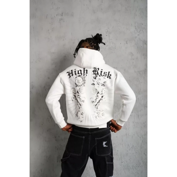 Erkek Baskılı Kapşonlu Sweat - Beyaz