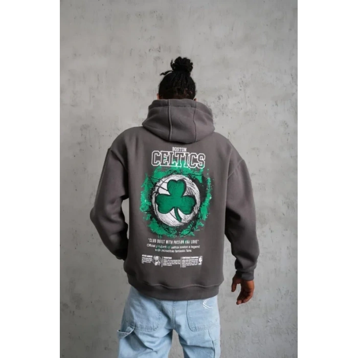 Erkek Baskılı Kapüşonlu Ve Kordon İpli Sweat - Gri