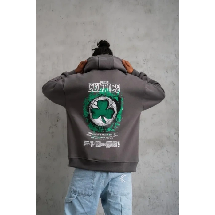 Erkek Baskılı Kapüşonlu Ve Kordon İpli Sweat - Gri