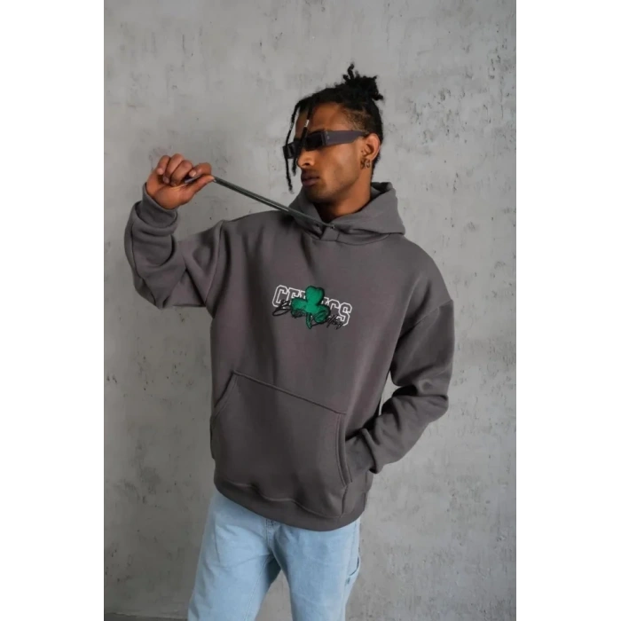 Erkek Baskılı Kapüşonlu Ve Kordon İpli Sweat - Gri