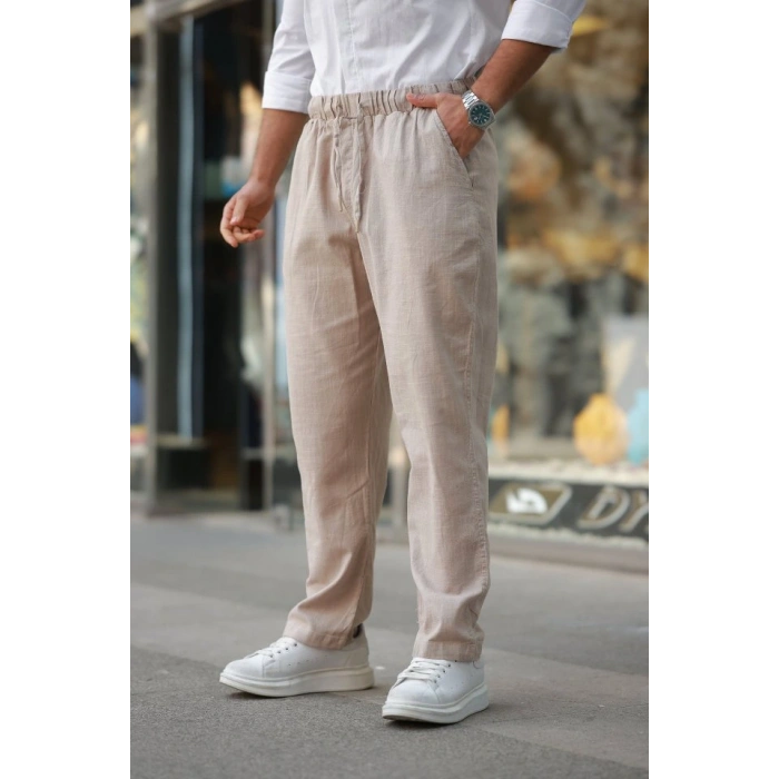 Erkek Beli Lastikli Keten Rahat Pantolon