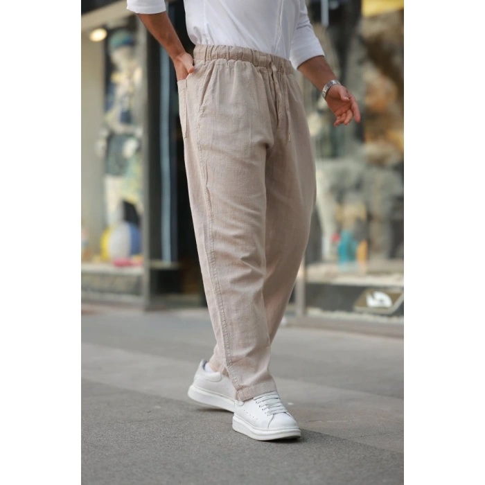 Erkek Beli Lastikli Keten Rahat Pantolon