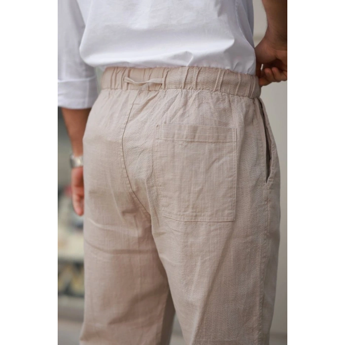 Erkek Beli Lastikli Keten Rahat Pantolon