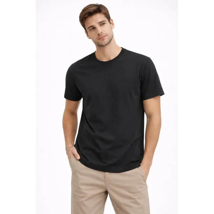 Erkek Bisiklet Yaka Tişört Regular Kalıp Basic Pamuklu Günlük Kullanım T-shirt - Siyah