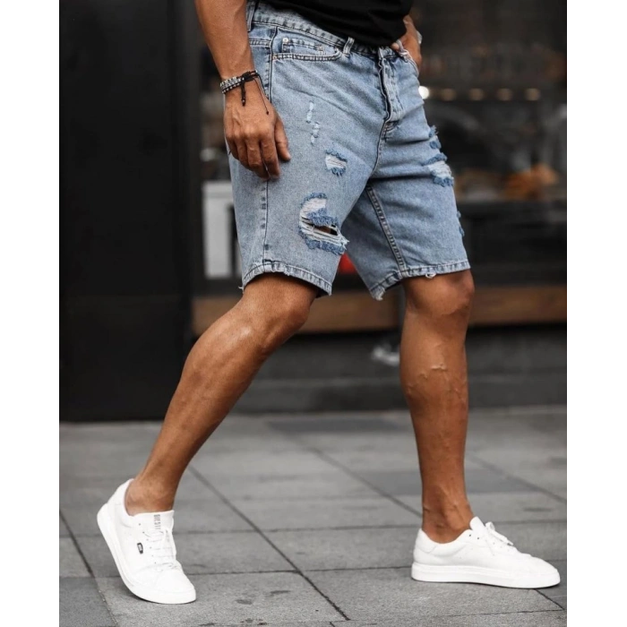 Erkek Buz Mavi Yırtık Detaylı Kot Şort