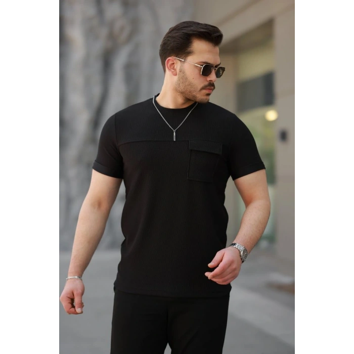 Erkek Cepli Kolyeli Kısa Kollu örme Kumaş T-shirt