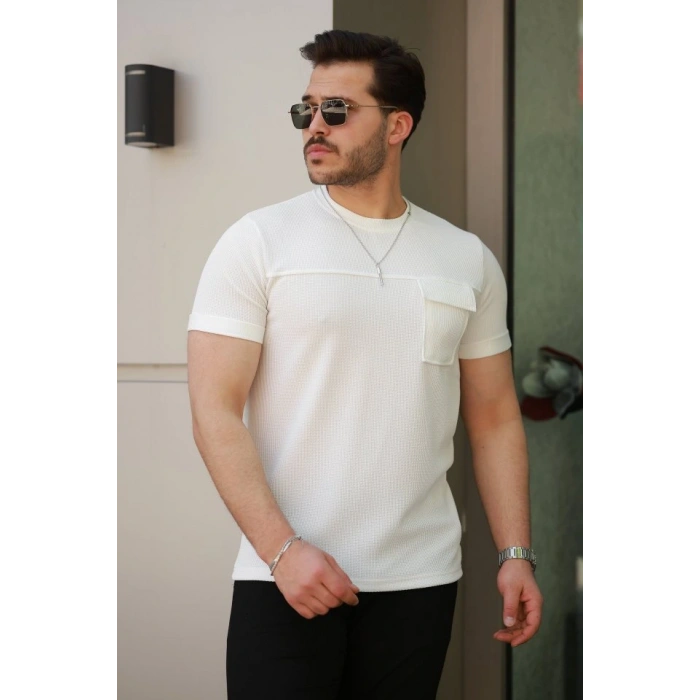 Erkek Cepli Kolyeli Kısa Kollu örme Kumaş T-shirt