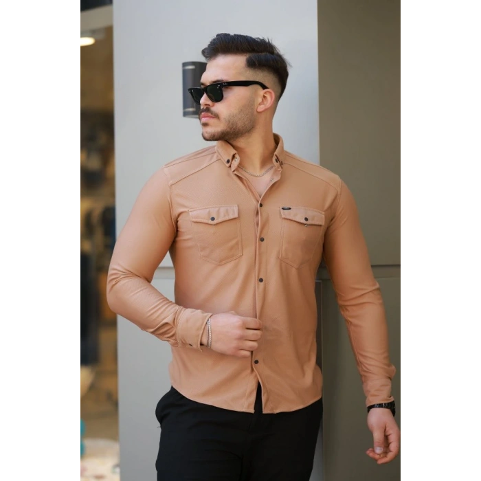Erkek çift Cepli çıtçıt Düğmeli Uzun Kollu Gömlek