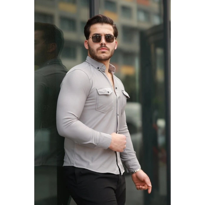 Erkek çift Cepli çıtçıt Düğmeli Uzun Kollu Gömlek