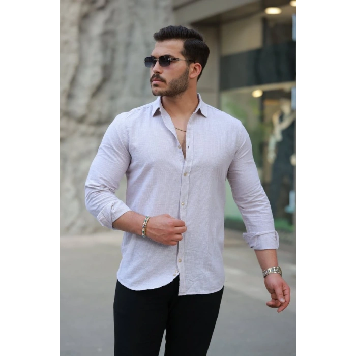 Erkek çizgi Desenli Uzun Kollu Pamuklu Keten Gömlek