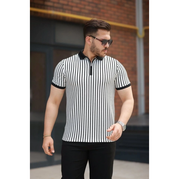 Erkek çizgili Fermuar Yakalı Kısa Kollu Tişört