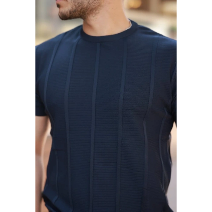 Erkek Desenli çizgi Kabartmalı Kısa Kollu Tişört