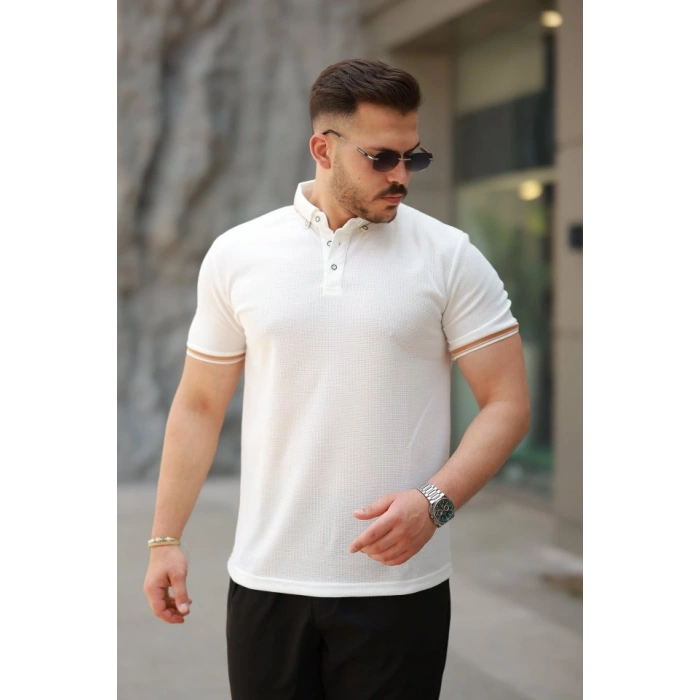 Erkek Düğmeli Yaka Waffle Kumaş Kısa Kollu Tişört