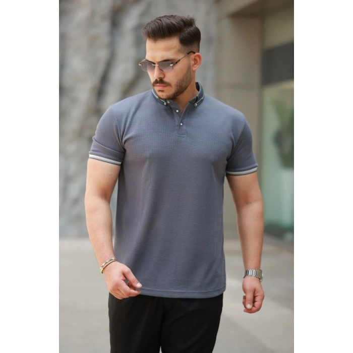 Erkek Düğmeli Yaka Waffle Kumaş Kısa Kollu Tişört