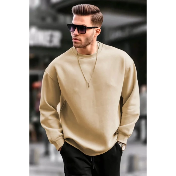 Erkek Düz Bisiklet Yaka Sweat - Bej