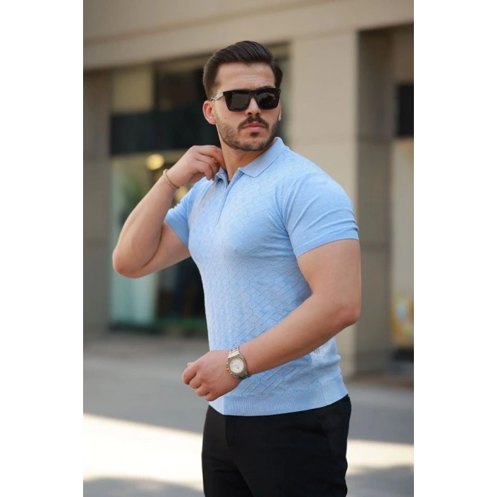 Erkek Fermuar Yakalı Baklava Desen Kısa Kollu Gömlek