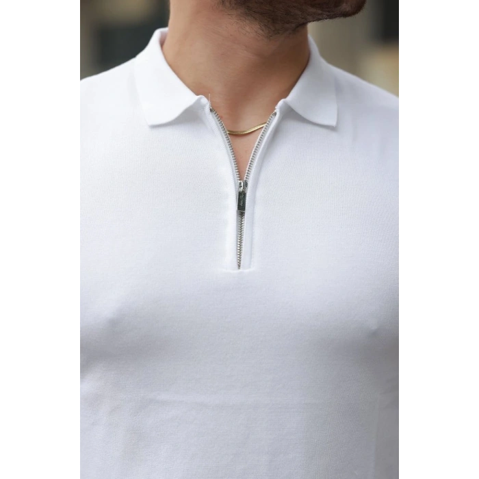 Erkek Fermuar Yakalı Kolları Desenli Kısa Kollu Tişört