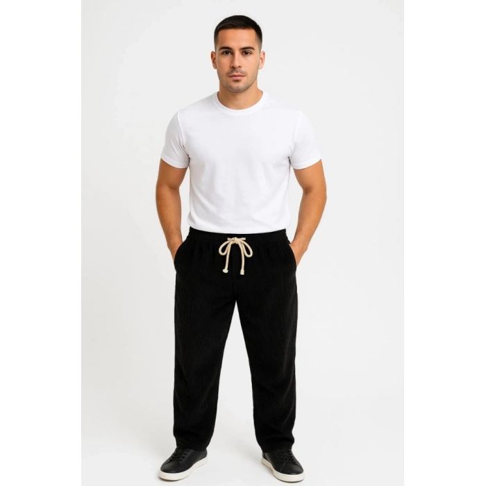 Erkek Fitilli Kadife Cepli Buggy Pantolon Oversize Rahat Kalıp - Siyah