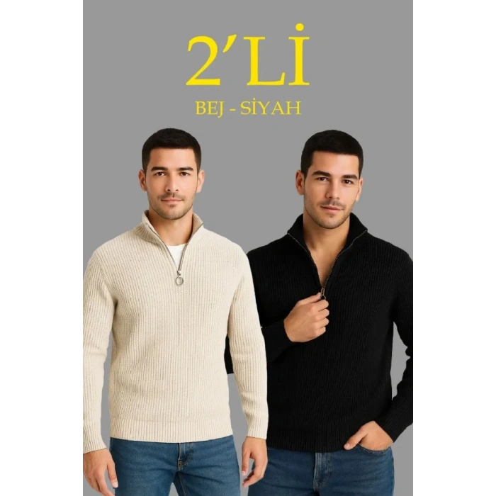 Erkek Fitilli Triko Kazak 2’li Set – Siyah - Bej Kalın Dokuma Pamuklu Regular Fit V Yaka Fermuarlı Uzun Kollu Rahat Kışlık Kazak Kombini