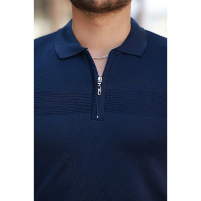 Erkek Göğüs Pirinç Desenli Fermuar Yakalı Kısa Kollu Tişört