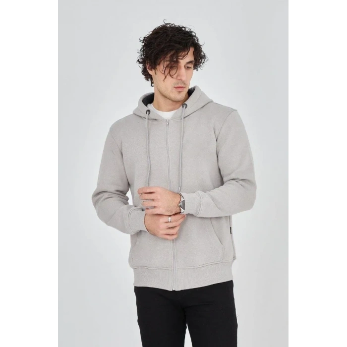 Erkek Kapüşonlu Düz Fermuarlı Hırka - Boyalı Gri