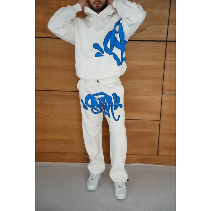 Erkek Kapüşonlu Eşofman Takım Graffiti Baskılı  Oversize Rahat Kalıp, Kanguru Cepli, Streetwear Tarzında Premium Ürün 3 Iplik Pamuklu - Beyaz