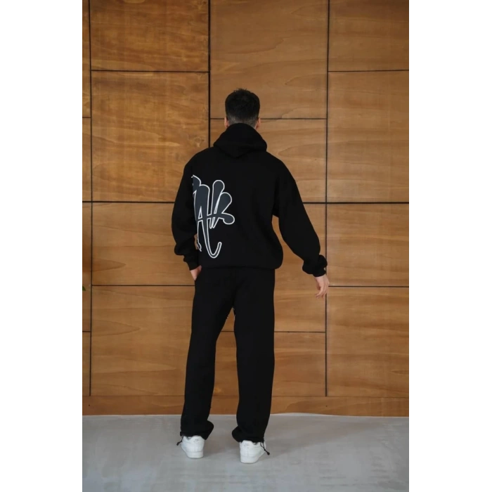 Erkek Kapüşonlu Eşofman Takım Graffiti Baskılı Oversize Rahat Kalıp, Kanguru Cepli, Streetwear Tarzında Premium Ürün 3 Iplik Pamuklu - Siyah