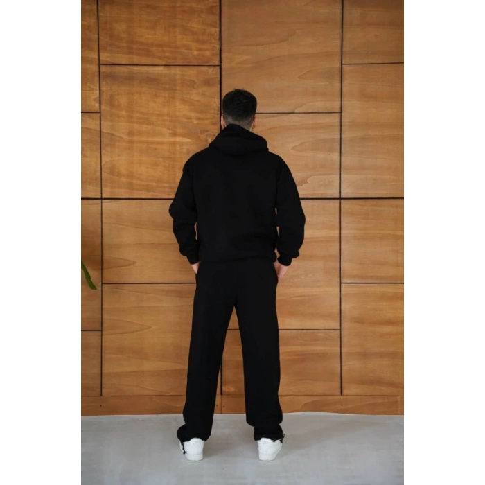 Erkek Kapüşonlu Eşofman Takım Örümcek Ağı Ve Neon Yeşil Baskılı Kanguru Cepli Oversize Rahat Kalıp, Premium Üç İplik Kumaş - Siyah