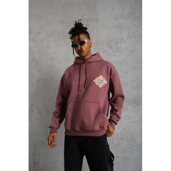 Erkek Kilim Desen Kapüşonlu Sweat - Gül Kurusu