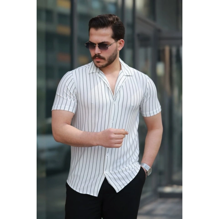 Erkek Kısa Kollu Gri çizgi Desenli örme Kumaş Pamuklu Gömlek