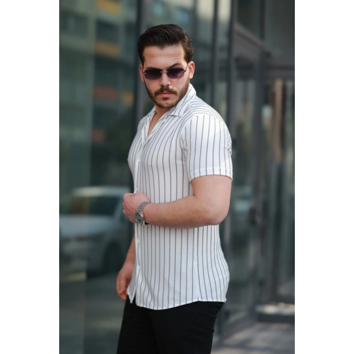 Erkek Kısa Kollu Gri çizgi Desenli örme Kumaş Pamuklu Gömlek