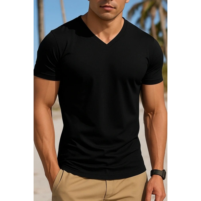 Erkek Kısa Kollu V Yakalı Viskon Tişört