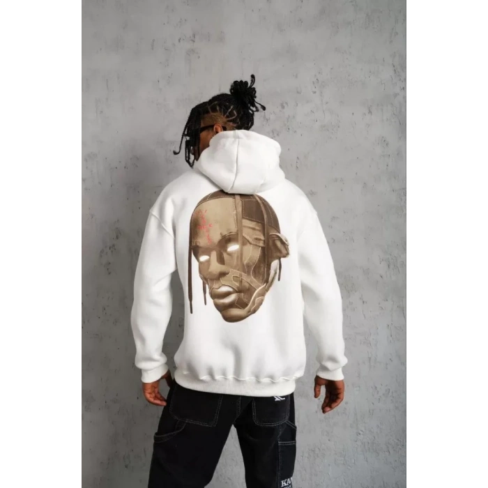 Erkek Kordonlu Arka Maske Kordon Saçlı Kapüşonlu - Beyaz