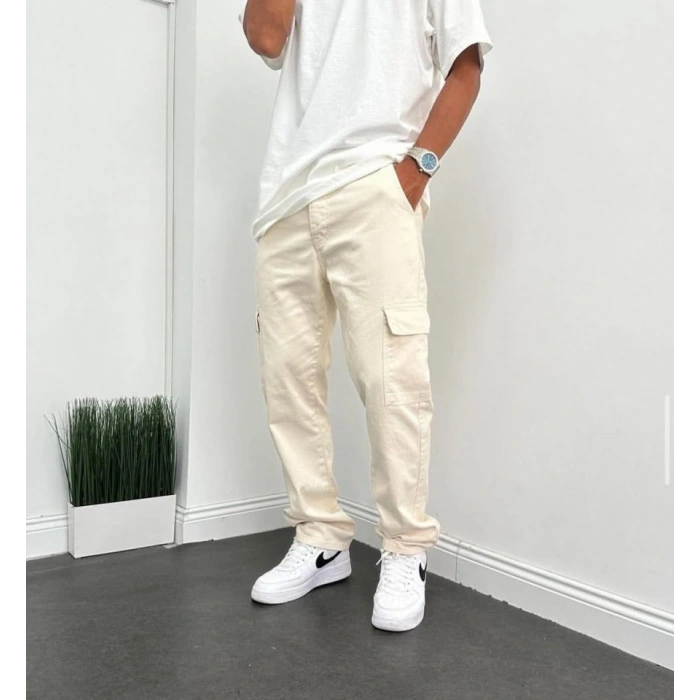 Erkek Krem Kargo Baggy Pantolon
