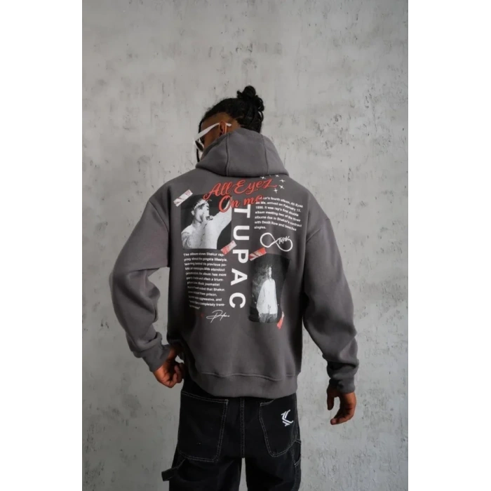 Erkek Ön Arka Baskılı Kapşonlu Sweat - Gri