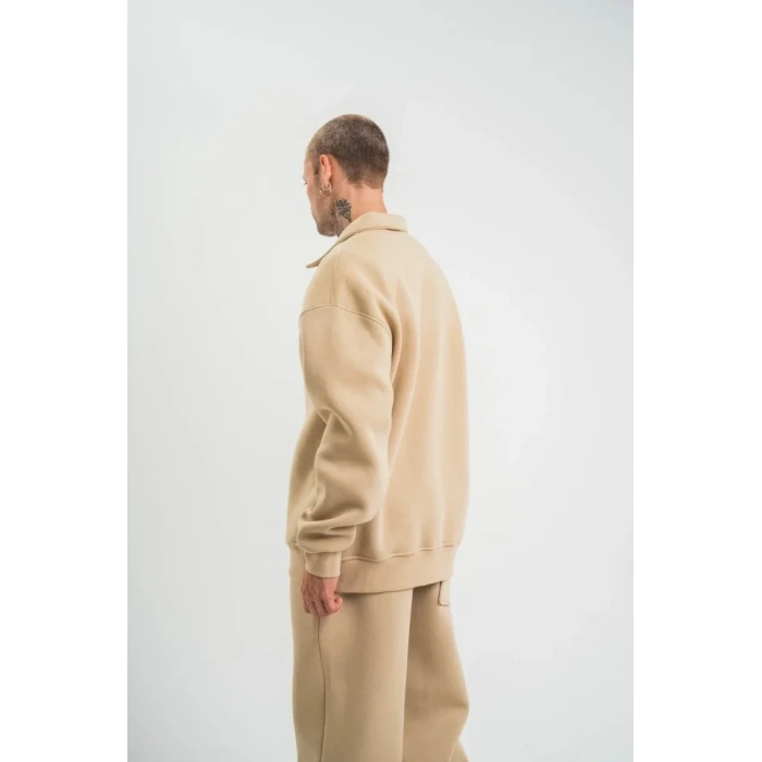 Erkek Patlı Yaka Üç İplik Pamuklu Sweatshirt Double Oversize Rahat Kalıp Günlük Kullanım – Bej