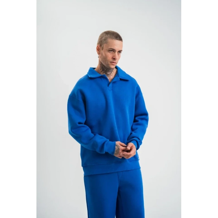 Erkek Patlı Yaka Üç İplik Pamuklu Sweatshirt Double Oversize Rahat Kalıp Günlük Kullanım - Mavi