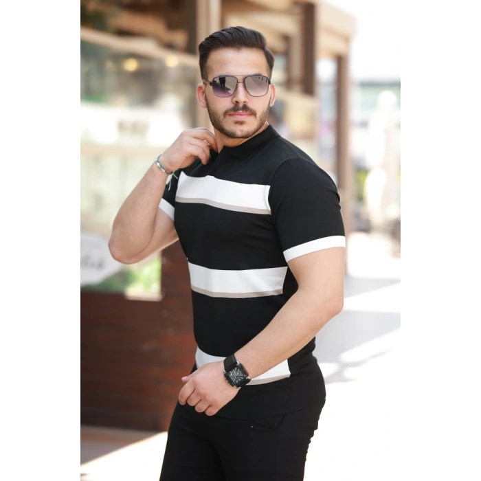 Erkek şerit Desenli Hemşire Yaka Kısa Kollu Tişört