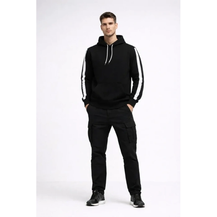 Erkek Şeritli Kapüşonlu Sweatshirt Oversize 3 Iplik Pamuklu - Siyah