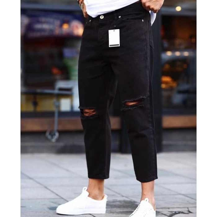 Erkek Siyah Dizi Yırtık Boyfriend Jean